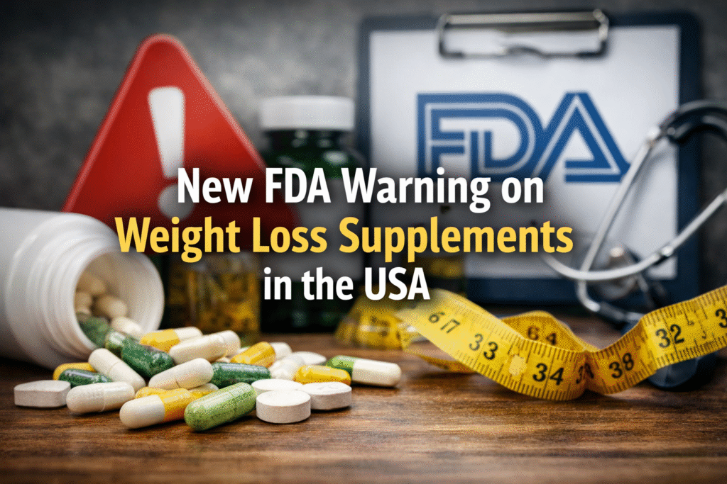 New FDA warning on weight loss supplements in the USA with pills and measuring tape