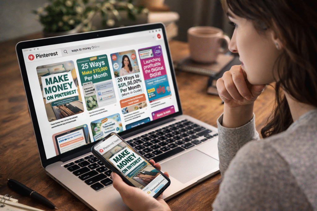 beginner using pinterest to find ways to make money online