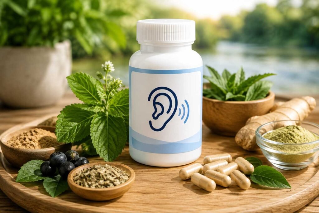 Natural ingredients, capsules, and hearing wellness supplement arranged on a wooden tray