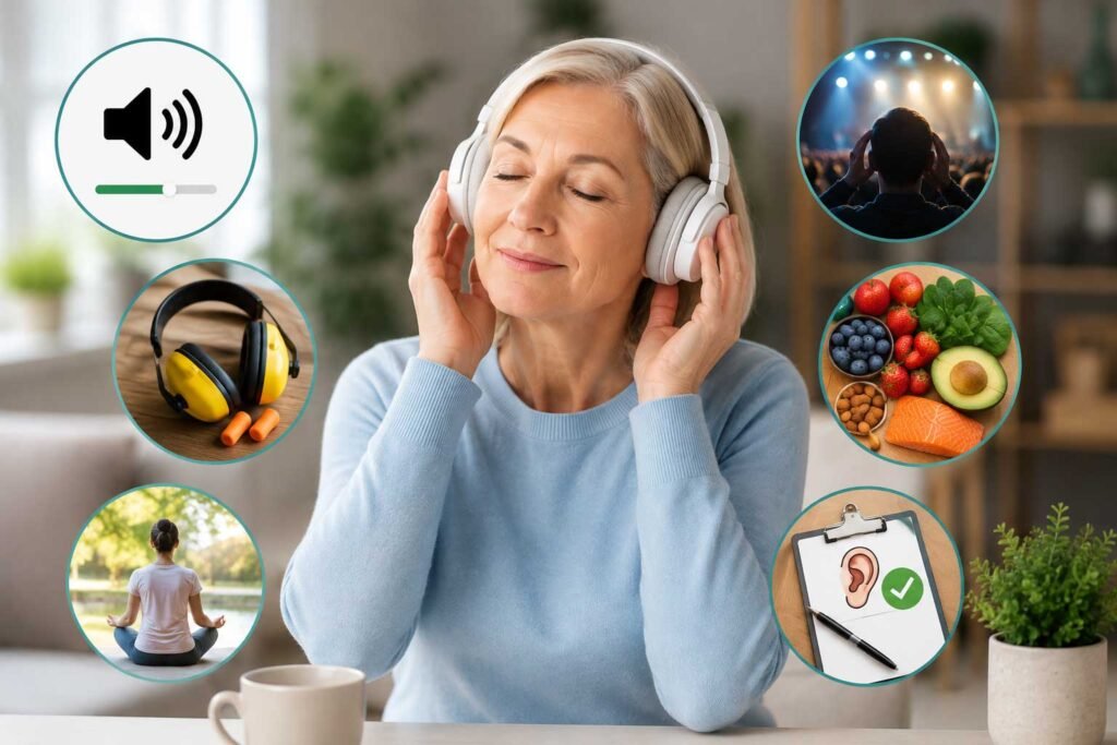 Older woman listening safely with headphones surrounded by visual reminders of hearing protection and healthy habits