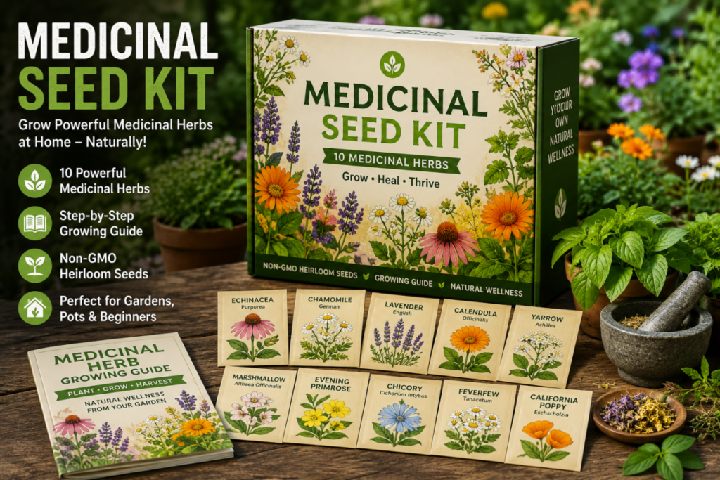 Medicinal Seed Kit with herbal seeds and home gardening supplies