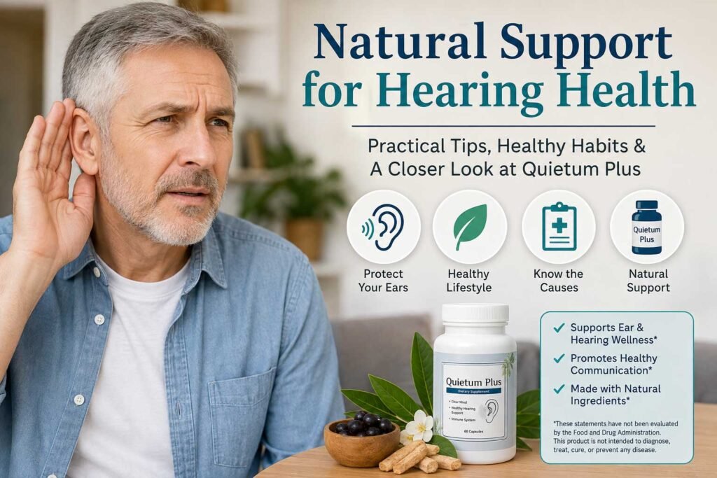 Older man exploring hearing health support alongside Quietum Plus dietary supplement and healthy lifestyle concepts