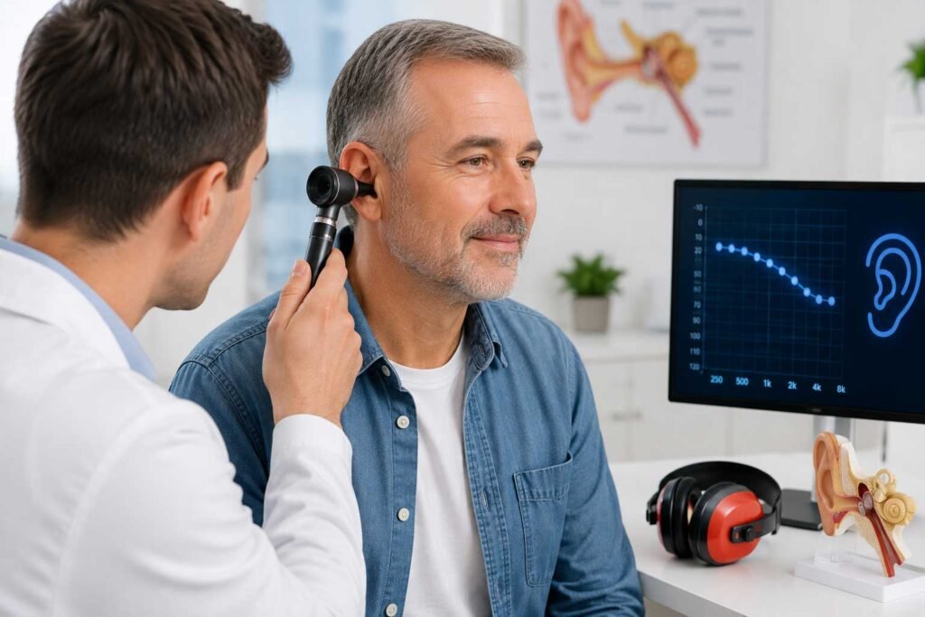 Doctor examining an older man's ear during a professional hearing checkup