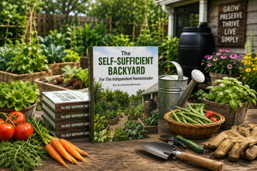 The Self-Sufficient Backyard book with vegetables and home garden supplies