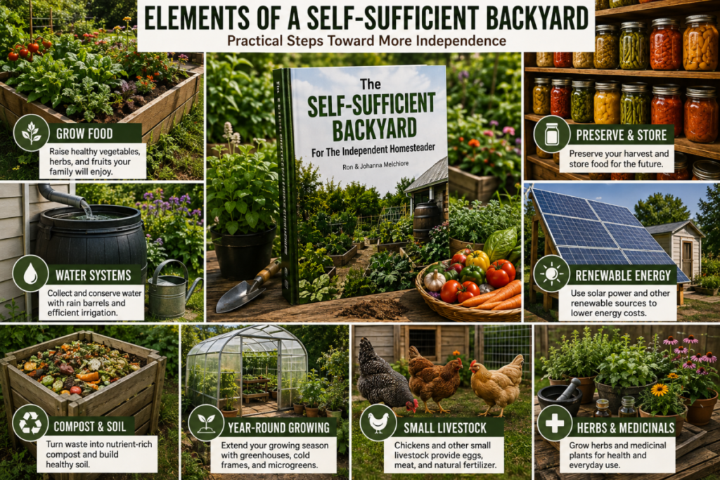 self-sufficient backyard with food growing water systems compost and renewable energy