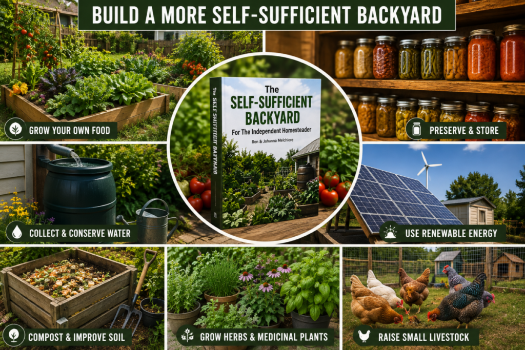 self-sufficient backyard with raised garden beds rainwater compost and preserved food