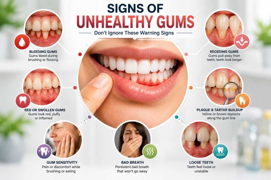 signs of unhealthy gums including bleeding swelling and recession