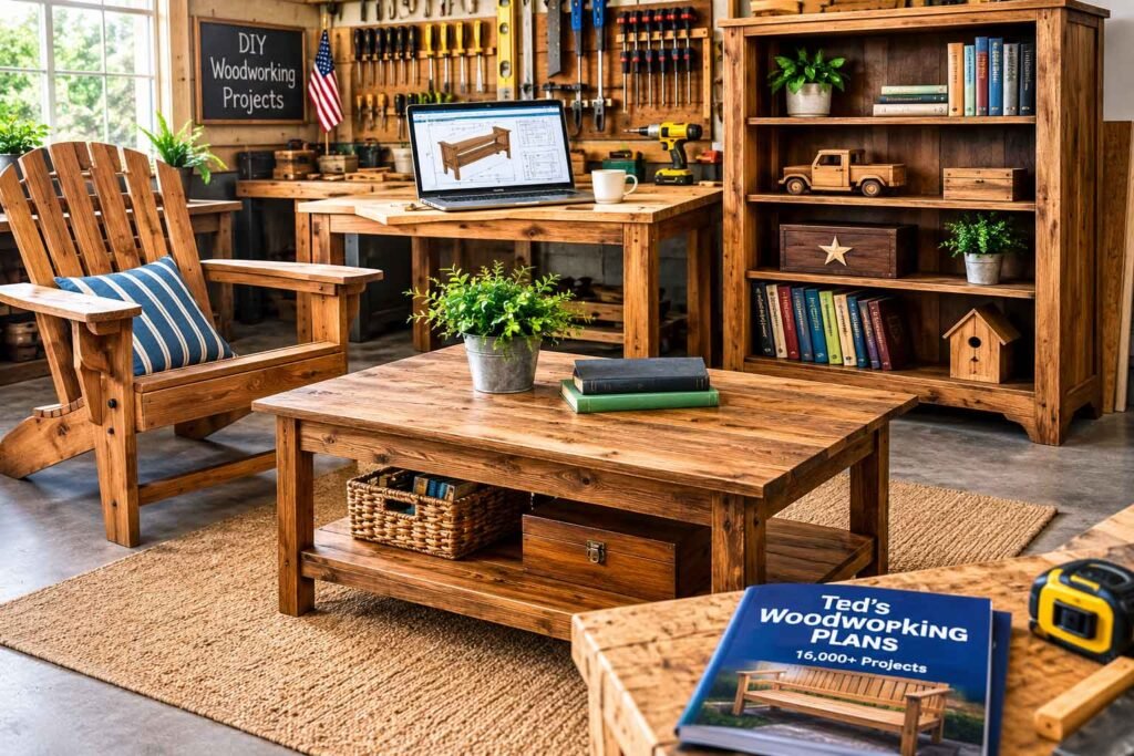 Woodworking plans on a workshop table