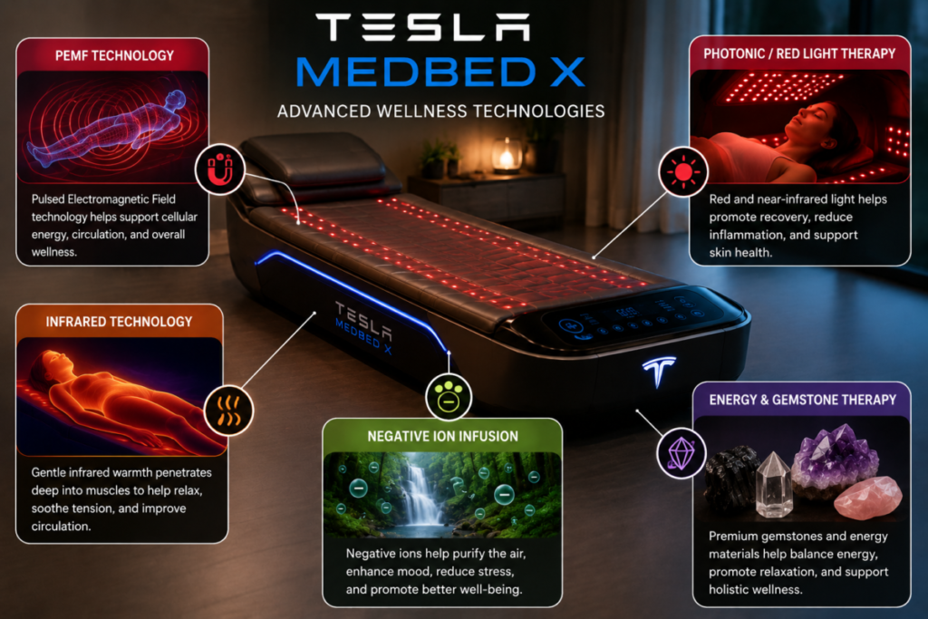 Tesla MedBed X wellness system with light and electromagnetic therapy features